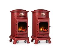 Sahara Pack de 2 Poêles à gaz Provence Rouge Terracotta 3.4 KW Fonte Chauffage à gaz Effet feu de Bois sur roulettes
