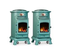 Sahara Pack de 2 poêles à gaz Provence Vert 3,4 KW en Fonte Chauffage au gaz Effet feu de Bois sur roulettes