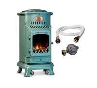 Sahara - Poêle à gaz Provence 3,4 KW Vert Effet poêle à Bois Fonte véritable Chauffage d'appoint + Tuyau gaz et détendeur gaz