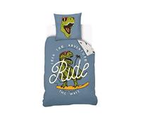 Sahinler Housse De Couette Dinosaure Cool Ride Enfant Ado 140x200 cm + Taie d'oreiller 63x63 cm - Parure De Lit 1 Personne Réversible - Bleu - 100% Coton