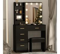Saimeihome Coiffeuse Noire avec Miroir Lumineux, 3 Modes LED, Table de Maquillage Blanche avec Tabouret, 6 Tiroirs 6 Étagères, pour Chambre à Coucher 80 x 36 x 130 cm