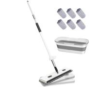 Saker Plus Mop - Serpillière plate | Outil de nettoyage domestique | Seau rechargeable, 6 tampons réutilisables, grande serpillère plate avec long manche pour bois dur, carrelage, tapis, salle de bain