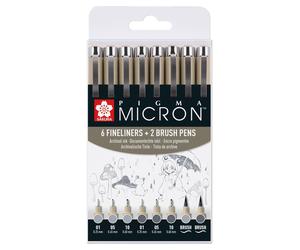 Sakura - Fineliners et stylos pinceaux Pigma Micron gris froid, lot de 8 assortis | 6 pièces