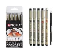 SAKURA Pigma Manga Set de 6 Stylos en Noir | 3 Pointes Callibrées, Liner Graphic, Brush Pen & Crayon Mécanique | Pour les manga, BD et les illustrations