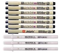 Sakura Pigma Micron noir 7 toutes les plumes 005,01,02,03,05,08, Brush + Sakura Gelly Roll Blanc, 3 stylos Bright White Size 05/08/10 Made in Japan