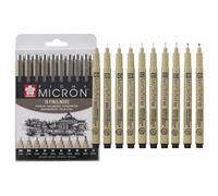 SAKURA Pigma Micron Pointes Callibrées Set de 10 | Encre noire permanente et résistante à l'eau, variées | Stylos pour l'écriture, le dessin et le journaling