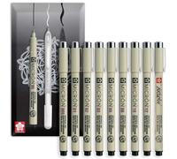 SAKURA Pigma Micron stylos à encre pigmentée - Encre noire imperméable, résistante à la décoloration et permanente - Emballage cadeau (Lot de 9 (+ Pinceau))