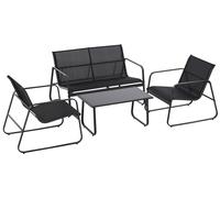 Sakura - Salon de jardin design avec canapé + 2 fauteuils + table basse avec étagère en verre. Ensemble de salon d'extérieur 4 pièces en métal et textilène. Noir