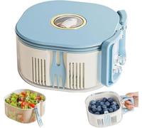 Saladier essoreur 3 en 1 avec fourchette à fruits intégrée, conception à double couche avec passoire, récipient de rangement pour réfrigérateur avec poignée, idéal pour les fruits et légumes，Bleu