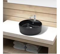 ""SALE 2026"" Évier/lavabo pour cuisine/salle de bain Noir - Vasque rond à trou robinet/trop-plein céramique pour salle de bain P4433