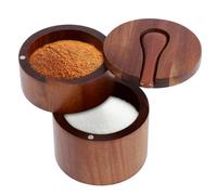 Salière en bois d'acacia à 2 couches - 9 x 9 x 10 cm - Avec couvercle pivotant magnétique - Pour la cuisine - Avec pot à épices magnétique - En bois - Pour le stockage du sel, du poivre, des herbes
