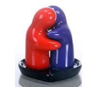 Salière et Poivrière -Les Amoureux-,orange et jaune claire -avec un plat noi (rouge bleu)