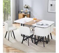 Salle à manger complète moderne ensemble table et chaise lot de 7 encastrable table effet marbre et chaises tapissées blanc