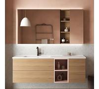 Salle de bain flottante de 132,1 cm avec évier rustique, meuble simple en bois massif et comptoir monobloc avec miroir intelligent LED pour salles de bains modernes