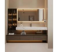 Salle de bain moderne de 162,6 cm avec évier, miroir de désembuage intelligent, comptoir en marbre ardoise, meuble flottant en noyer, design peu encombrant pour mise à niveau de baignoire