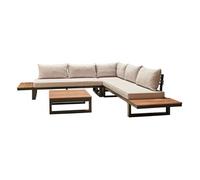 Best Mobilier Salome - salon bas de jardin 5 places + table - modulable - bois, métal et coussins beiges , Noir, bois et beige