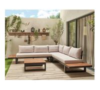 Best Mobilier Salome - salon bas de jardin 5 places + table - modulable - bois, métal et coussins beiges , Noir, bois et beige