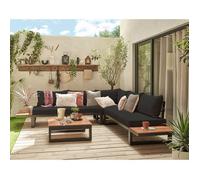Best Mobilier Salome - salon bas de jardin 5 places + table - modulable - bois, métal et coussins noirs , Noir et bois