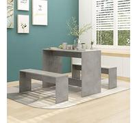 Salon à manger 3 pièces gris béton en bois avec table 102 x 50 x 75 cm et 2 bancs 97 x 25 x 40 cm pour salle à manger, cuisine, moderne, peu encombrant, robuste, durable