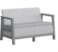 Salon Bas de Jardin Résine 4 Personnes Keter Scandi Linea, Table 2 Plateaux Imitation Bois Frêne, Imitation Canage Beige, Coussins Amovibles