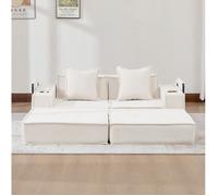 Salon compact 2 places avec canapé-lit en tissu, coussins moelleux et pouf rangement pratique