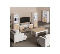 Salon Complet avec Vitrine 2P Laqué Blanc Brillant Aspect Bois - CHRIS OAK -