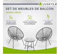 Salon de balcon Ostana 3 pièces gris clair - Table + 2 fauteuils de jardin - Ensemble mobilier extérieur compact