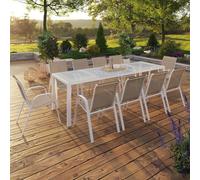 Salon de jardin MADRID table 240 CM et 10 chaises empilables blanc et beige taupe