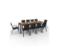 IDMarket Salon de jardin NOUMEA – Table 240 cm verre trempé effet bois + 10 chaises noir/bois