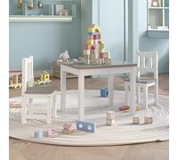 Salon de jardin 3 pièces en MDF blanc gris avec 1 table 60 x 50 x 48 cm et 2 chaises 25 x 25 x 55 cm pour chambre d'enfant, meubles de bébé pour jouer, manger, bricolage