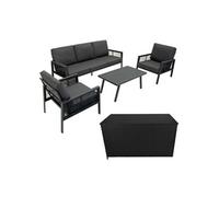 Ensemble de mobilier de jardin 4 pièces gris anthracite avec coffre de rangement en rotin noir – canapé 3 places, 2 fauteuils, table basse, coussins, couvercle à ressort gaz 582L, transportable, houss