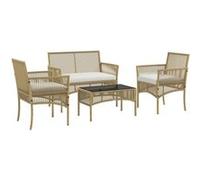 Outsunny Salon de jardin extšŠrieur 4 piššces canapšŠ 2 places + 2 fauteuils + 1 table basse plateau verre trempšŠ noir 3 coussins d'assise - mšŠtal et ršŠsine tressšŠe - beige