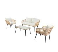 CONCEPT USINE Salon de Jardin 4 Places SITIA Effet Rotin Marron | Canapé et fauteuils assortis, table verre trempé, coussins beige épais : confort optimal en extérieur.
