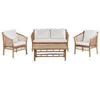 Salon de Jardin 4 Places en Bambou Blanc Boho Banc 2 Fauteuils Table Basse Maggi