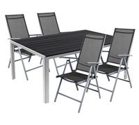 salon de jardin 5 pièces aluminium anthracite non wood 150x90cm + 4 chaises à haut dossier en textile