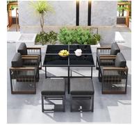 salon de jardin 6 personnes, table carrée 117x117 cm en verre trempé, métal noir et bois composite