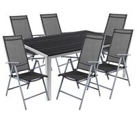 salon de jardin 7 pièces alu anthracite non wood 150x90cm + 6 chaises à haut dossier en textile