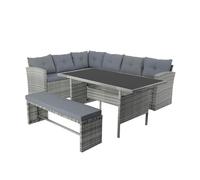 CONCEPT USINE | Salon de Jardin Repas 8 Places Moorea Gris | Canapé d’Angle + Banc + Table Rectangulaire Verre Trempé | Résine Tressée & Acier | Coussins Déhoussables Confort 5 cm | Design Moderne