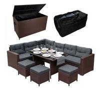 Ensemble de salon en rotin et coffre de jardin | Canapé d'angle 9 places avec coussins épais, table en verre, grands coussins et coffre à coussins de 582 L | Pour l'extérieur et le jardin | Résistant 