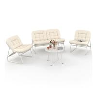 IDMARKET Salon de jardin bas ARONA 4 places en acier blanc et coussins beiges avec canapé, fauteuils et table