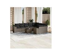 vidaXL Ensemble de salon de jardin 10 pièces Poly Rattan (résine tressée) avec coussins Gris