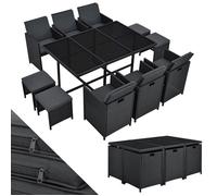 Juskys Groupe de sièges en polyrotin Baracoa XL 11 pièces résistant aux intempéries et empilable - Ensemble de mobilier de Jardin avec 6 chaises, 4 tabourets et Table - Noir, 10 Personnes