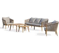 Salon de jardin bas 5 pl en aluminium imitation bois et corde tissée