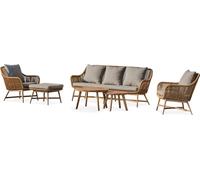 Salon de jardin bas 5 places alu aspect bois, teck et corde tissée