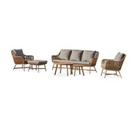 Salon de jardin bas 5 places alu aspect bois, teck et corde tissée