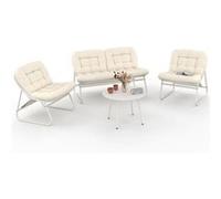 IDMARKET Salon de jardin bas ARONA 4 places en acier blanc et coussins beiges avec canapé, fauteuils et table