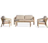 Salon de jardin bas en aluminium imitation bois, coussins