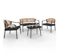 IDMarket - Salon de Jardin Bas Madeira 4 Places Structure en métal Noir, Cordage et Coussins Noirs