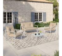 IDMARKET Salon de jardin bas NAIROBI 4 places en acier blanc et coussins beige