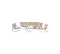 IDMarket Salon de jardin bas Nairobi 8 places salon d'angle acier blanc coussins beiges